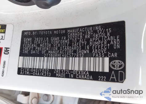 2016 Toyota Corolla S W/Special Edition Pkg from USA, damaged, VIN 2T1BURHE4GC577812